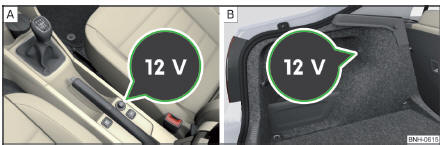 Couvercle de la prise 12 volts : dans la console centrale avant /dans le coffre à bagages